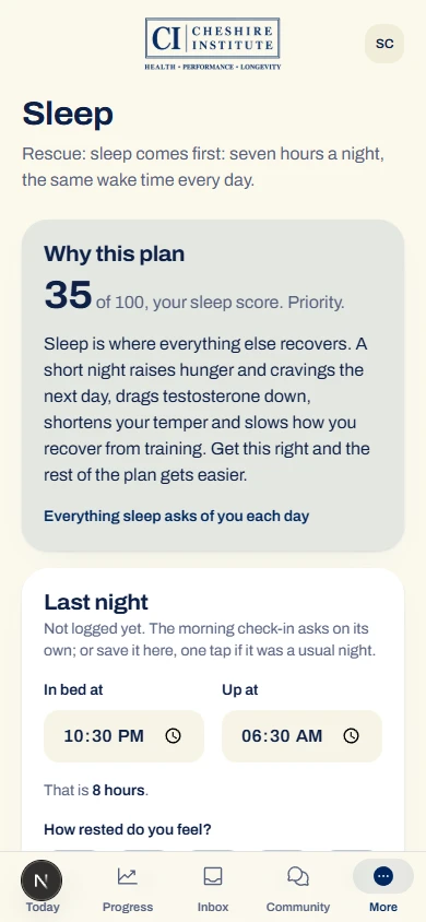 The Cheshire Institute app, sleep screen